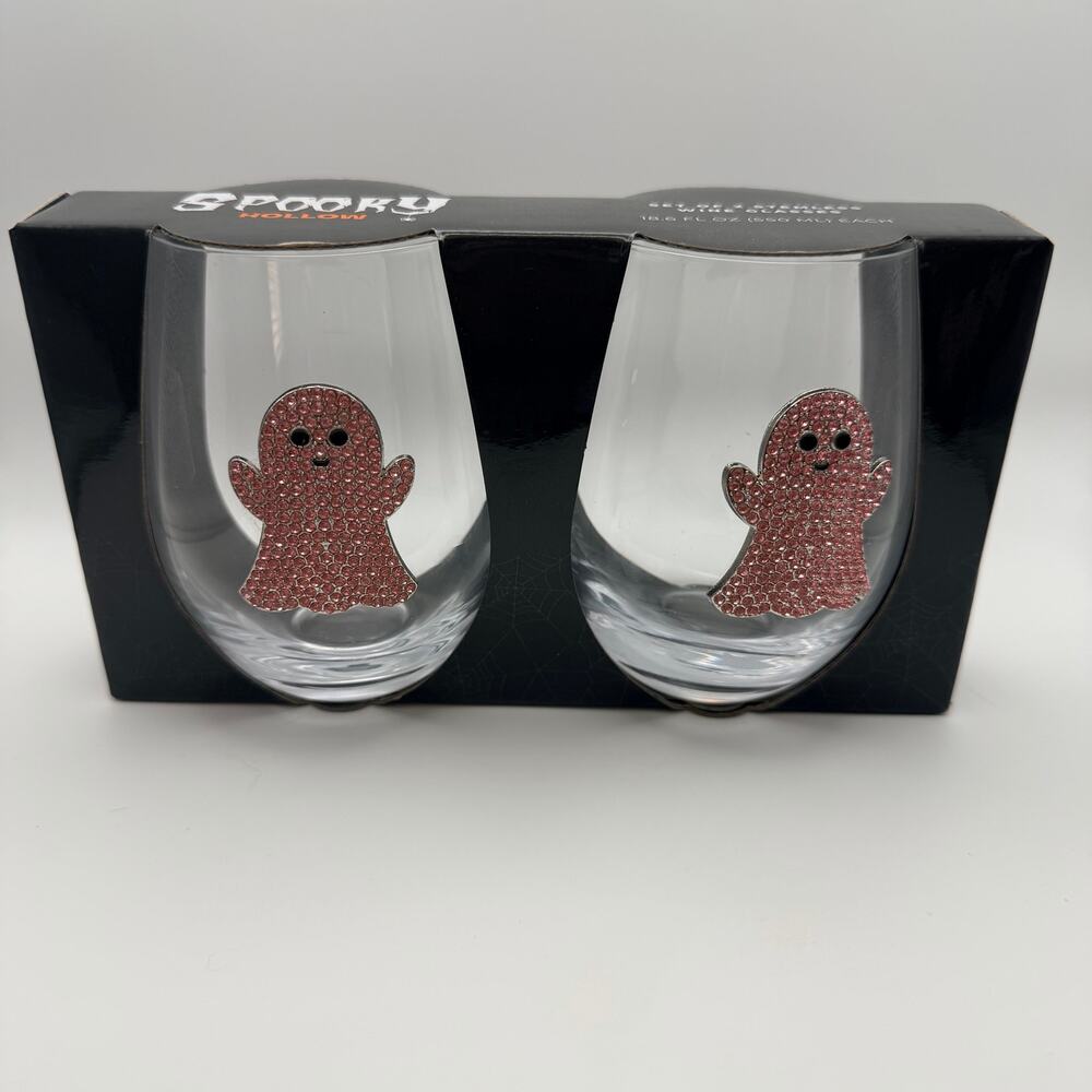 Spooky Hollow Ghost Rhinestone Stemless Wine Glasses Set of 2 Halloween